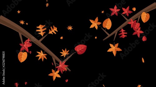 Colorful animated autumn leaves falling from stylized branches seasonal graphic motion background