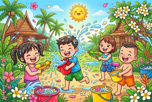 Cartoon kids having water fight with water guns and buckets in Thai village