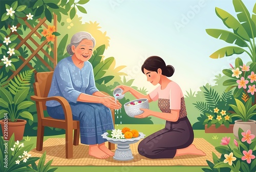 Illustration of woman pouring water on hands of grandmother, Songkran blessing