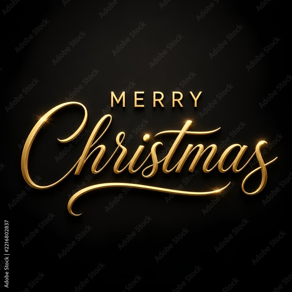 Obraz premium Holiday Christmas lettering. Vector 3d illustration of realistic golden sign. Calligraphic banner design. Winter festive event. Merry Christmas.