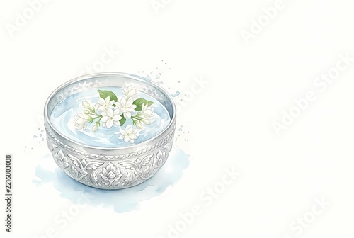 Watercolor silver bowl with jasmine flowers on white, copy space