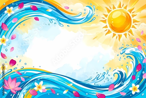 Summer background with sun, water waves and flower petals, copy space in center