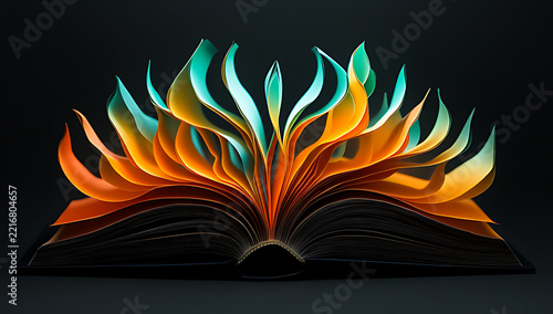 An open book made of paper with orange and teal