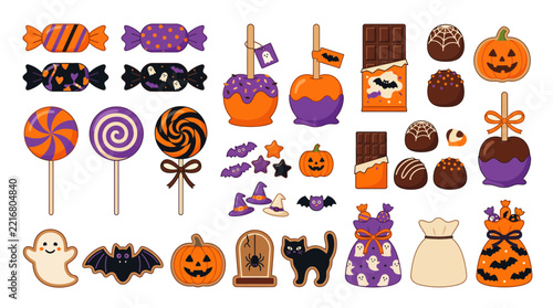 Halloween candy vector set with sweet treats, spook caramel apples and lollipops, party snack icon collection
