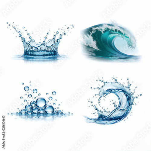 Splashing water crown barrel wave bubbles and ripple on white