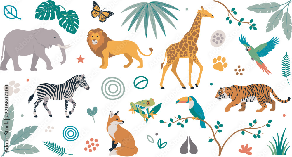 Fototapeta premium Wild jungle and safari animals vector illustration set featuring elephant lion giraffe tiger zebra fox parrot toucan and tropical botanical leaves