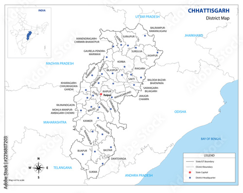 Detailed Chhattisgarh District Map with Names and Boundaries Vector