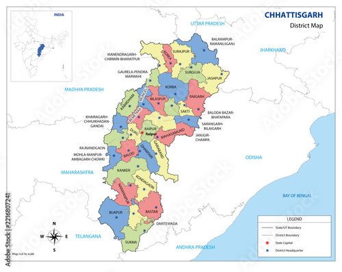 Chhattisgarh District Map with Colored Administrative Boundaries Vector