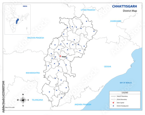 Blank District Map of Chhattisgarh State with Internal Borders Vector