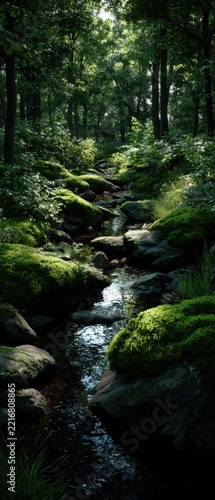 Tranquil stream flows through a lush green forest scene