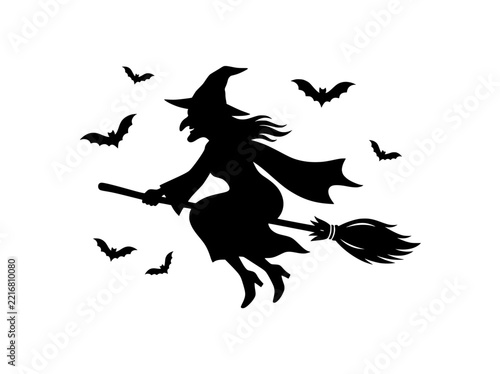 Obraz na plátně Spooky Halloween witch flying on broomstick silhouette, black sorceress with bat