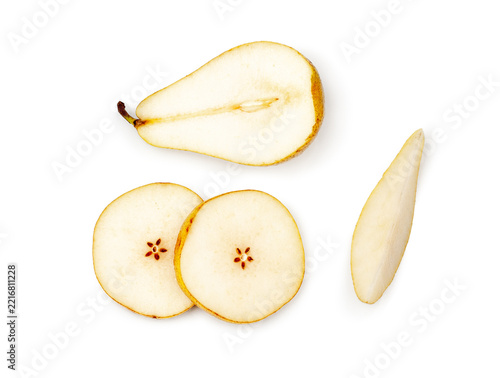 Yellow pear slices isolated on a white background, contour