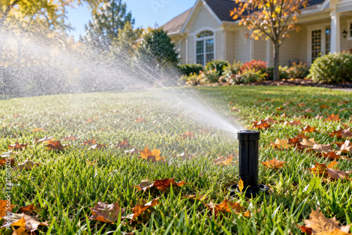 Lawn sprinkler head spraying water mist over grass with autumn leaves - irrigation blowout and sprinkler winterization