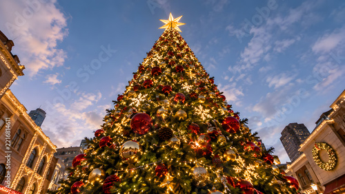 A towering outdoor Christmas tree adorned with glowing lights and ornaments stands tall against a twilight city sky.