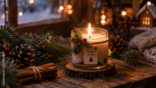 A lit cinnamon and pine candle sits on a rustic wooden table surrounded by pinecones, cinnamon sticks, and warm winter lights.
