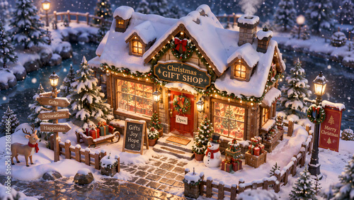A magical, snow-covered miniature Christmas gift shop glowing with warm lights, surrounded by festive trees, snowmen, and gifts.