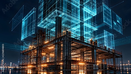 Construction workers looking at a futuristic glowing digital hologram blueprint superimposed on a building framework representing smart city architecture and BIM technology.