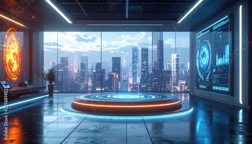 High tech office overlooking futuristic night city skyline.