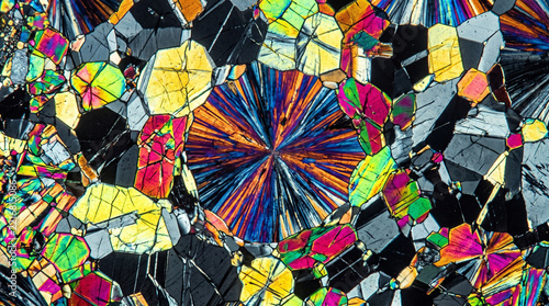 Microscopic thin section showing vibrant mineral crystal structure and kaleidoscopic patterns creating fascinating scientific aesthetic