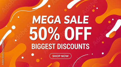 Vibrant orange and red gradient background with flowing liquid shapes, announcing a mega sale with 50% off, symbolizing discounts and shopping