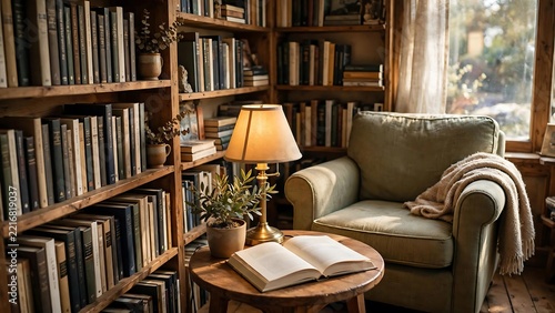 old books on the shelf with a sofa