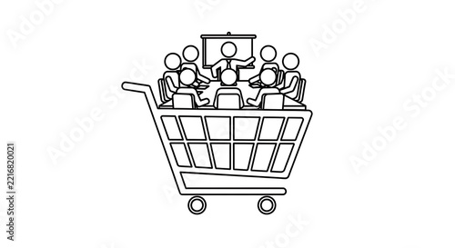 A line art illustration of a shopping cart containing a team meeting with a presenter with people sitting around