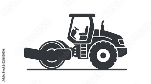 A black silhouette icon of a heavy road roller construction vehicle on a white background with compactor used construction