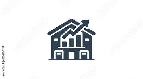 A warehouse icon showing a bar chart with an upward arrow for growth with representing warehouse building