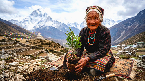 Elderly sherpa woman planting a small tree in the himalayas with