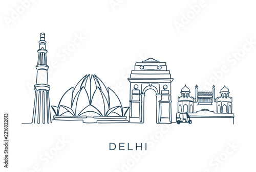 New Delhi India travel destination concept with linear vector skyline 