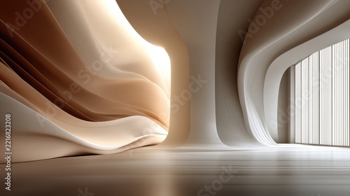 Modern minimalist interior design featuring fluid organic architectural curves in warm beige and cream tones with soft ambient lighting