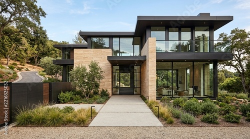 Modern Luxury Home with Glass Facade and Natural Stone Exterior