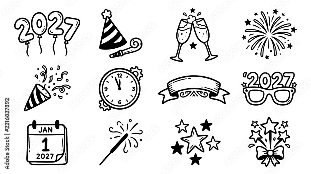 Fototapeta premium Happy New Year Celebration Icons Set