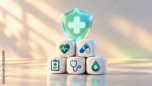 Healthcare and medical insurance protection concept with glowing shield cross icon on white cubes with medicine symbols