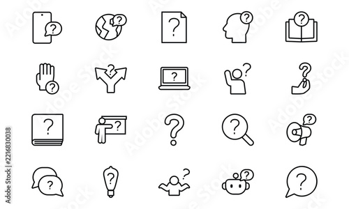 Question mark and FAQ line icon set for customer support, online help center, user assistance, and info UI.