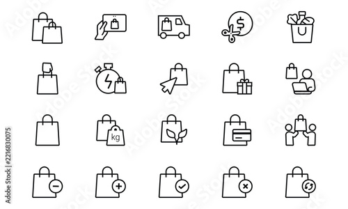 Shopping and retail outline icons collection for commercial market, store purchase, quick delivery, and digital payment