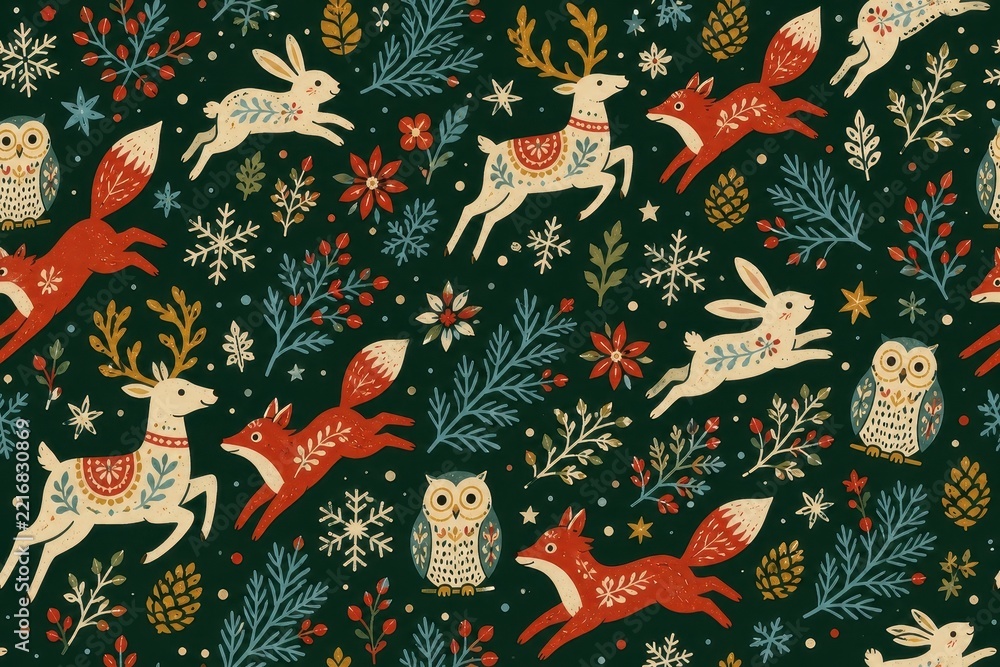 Fototapeta premium Whimsical woodland animals and botanical winter seamless pattern