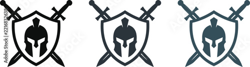 Spartan helmet and crossed swords shield icon set