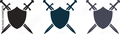Set of three shield and crossed swords icons in different colors