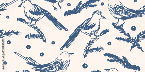 Hand-Drawn Blue Bird and Pine Branch Seamless Pattern Background