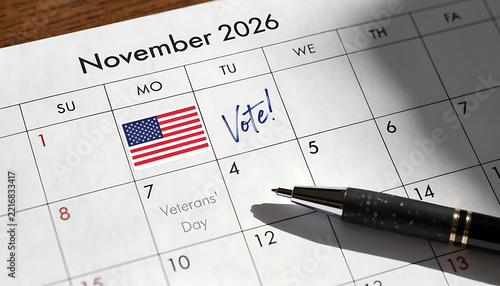 November 2026 Calendar Page with American Flag and Vote Reminder for US Midterm Elections