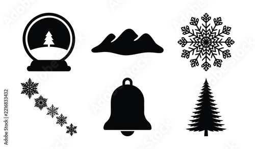 Winter snowflake and holiday bell icons for seasonal celebration graphic designs