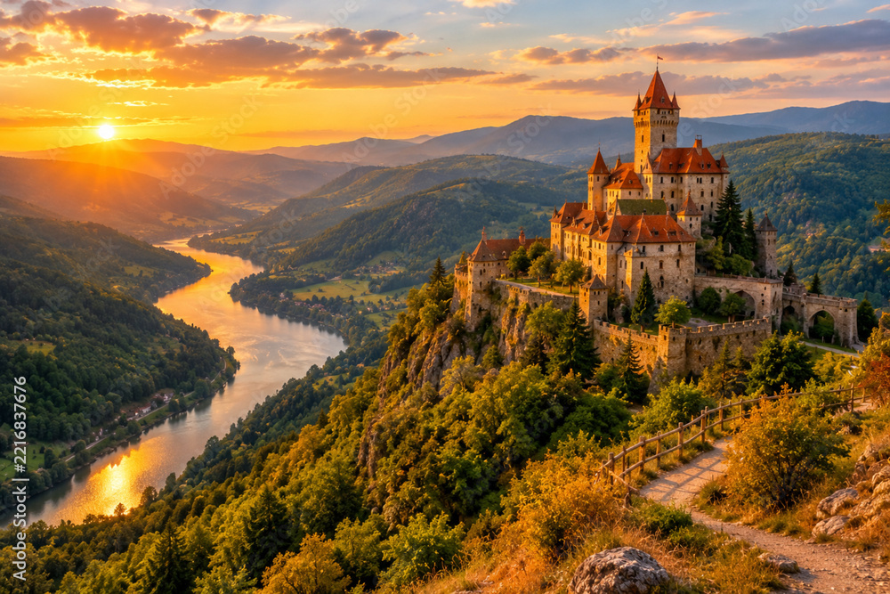 Fototapeta premium Majestic Fantasy Castle on a Mountain Peak at Sunrise.