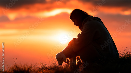 Shepherd jesus christ gently caring for a lost lamb during a majestic sunset scene