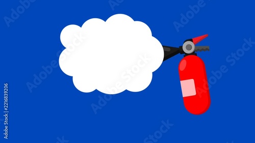 Fire extinguisher spraying white smoke foam animation, fire safety and emergency concept on blue background.