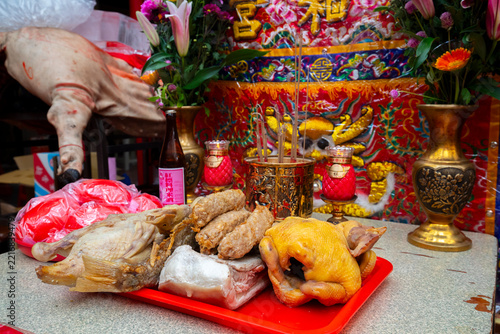 sacrificial offerings, Taiwanese temple, three sacrifices, Ang Ku Kueh, incense burner