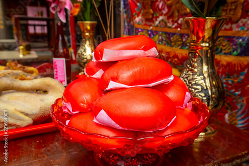 sacrificial offerings, Taiwanese temple, three sacrifices, Ang Ku Kueh, incense burner