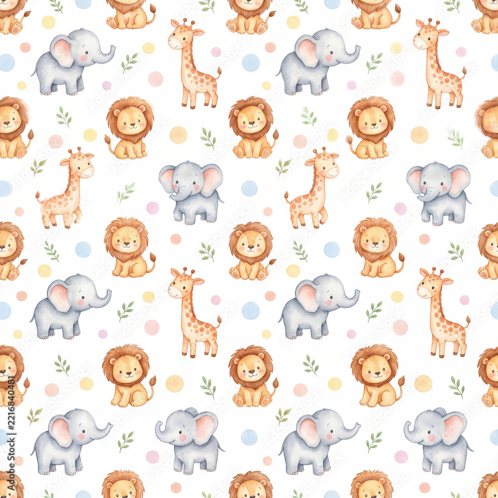 Obraz premium Watercolor Baby Safari Animals Seamless Nursery Pattern