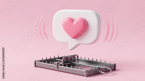 Love Message as Bait - White Heart Speech Bubble above Steel Animal Trap on Pink for Online Dating Scam Awareness, Digital Fraud Prevention, Cybersecurity, and Emotional Manipulation Psychology