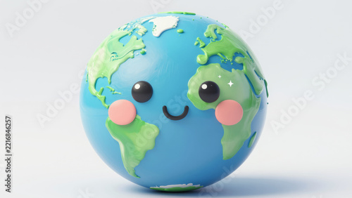 Smiling Cartoon Earth Globe - Colorful Painterly Planet with Rosy Cheeks and Heart Eye for Environmental Awareness, Earth Day Campaigns, and Eco-Friendly Graphic Design